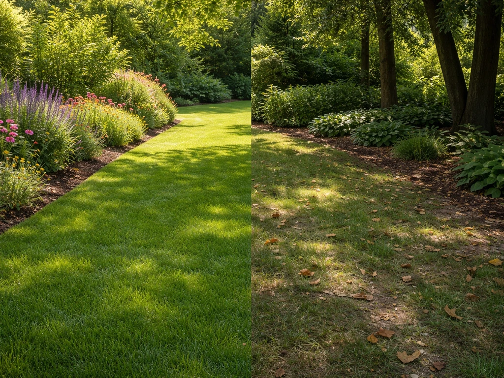 Bordure de jardin : gazon dense en plein soleil et tapis moins fourni à l’ombre des arbres.