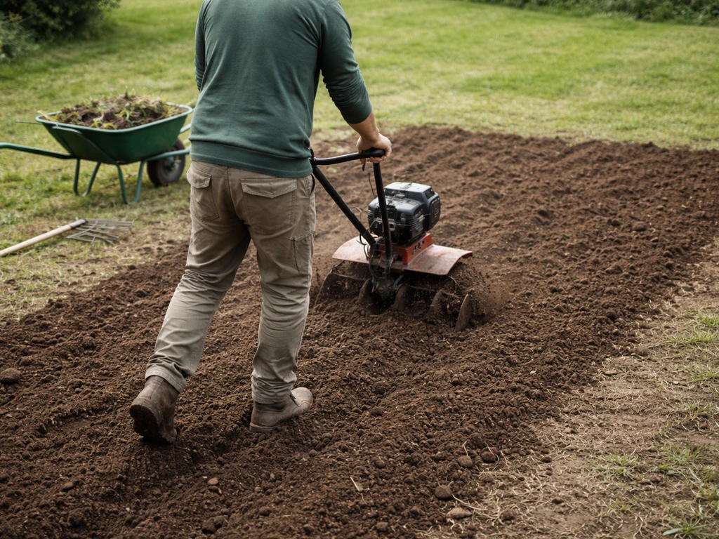 Jardinier au travail : bêchage et fraisage du sol sur 20–30 cm, débris enlevés, terrain prêt pour semis