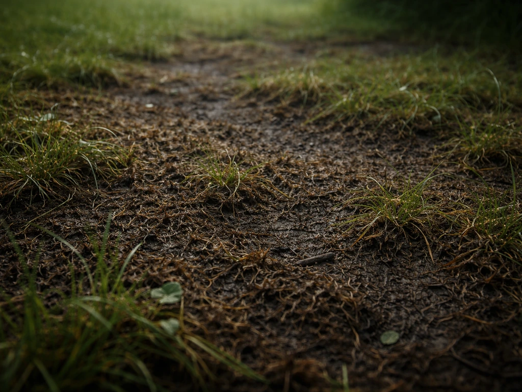 Gros plan sur une pelouse ombragée et humide : sol sombre, feutrage et mousse en surface.