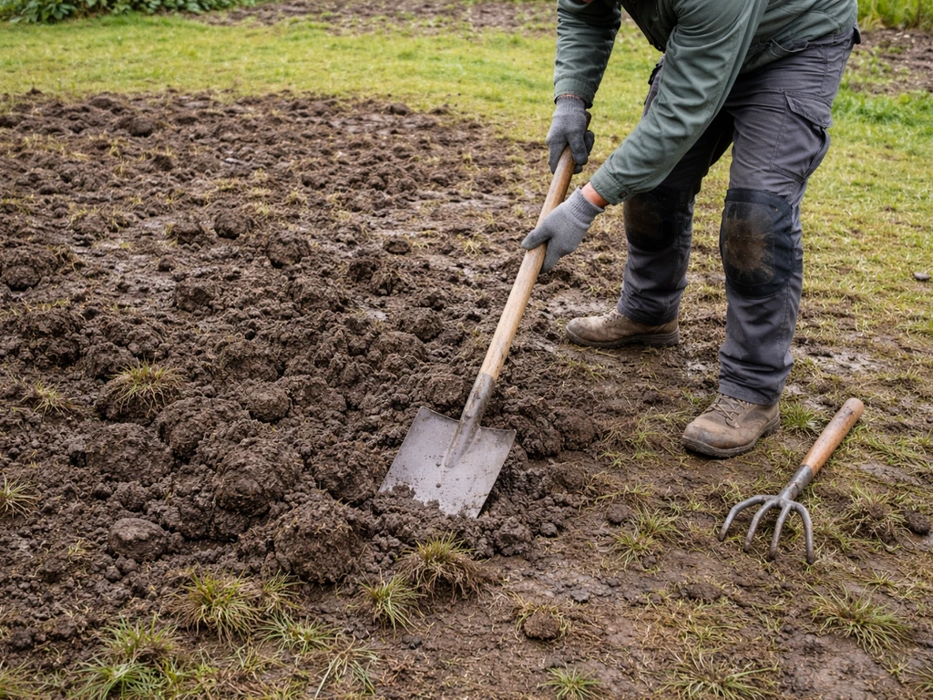 Jardinier préparant un sol humide : bêchage et ameublissement avec outils, zone prête pour le semis