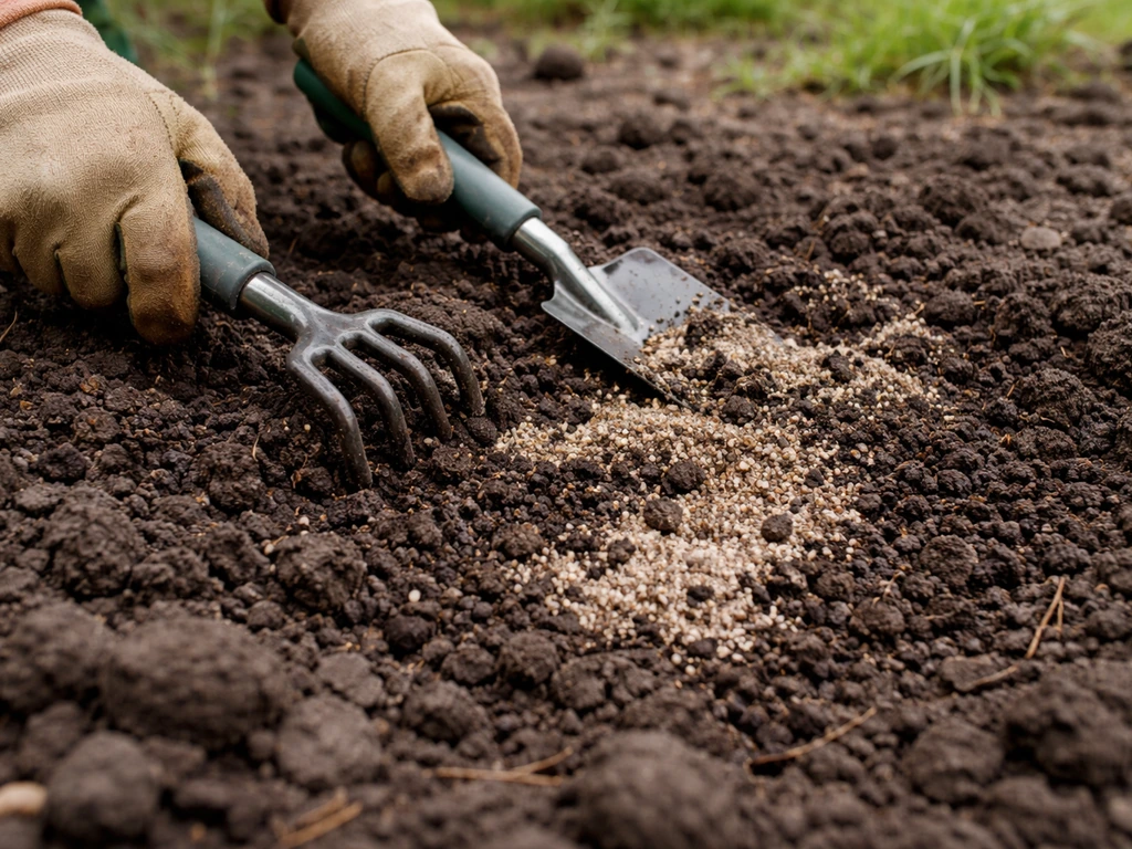 Mains et outils incorporant sable grossier et compost dans une terre argileuse, texture visible.