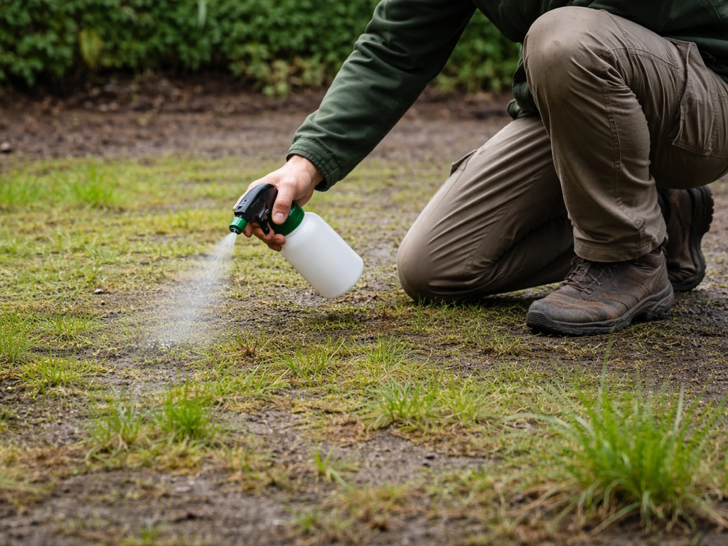 Jardinier anonyme arrosant très légèrement un gazon près du sol, gouttes visibles, contexte humide et simple.