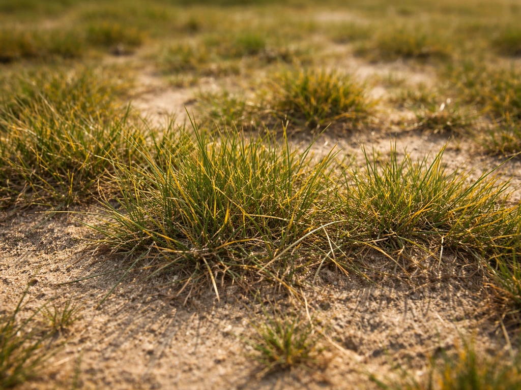 Gazon jaunissant sur sol sableux, zones claires et brins d’herbe ternis après chaleur