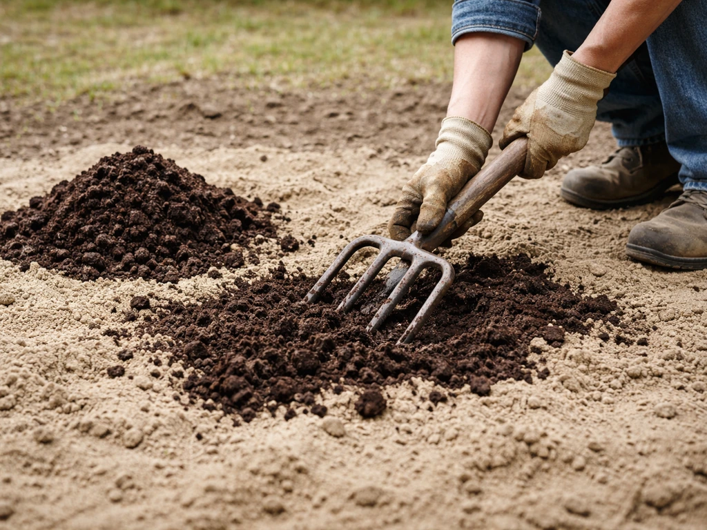 Fourche-bêche enfonçant du compost mûr dans un sol sableux avant sursemis du gazon.