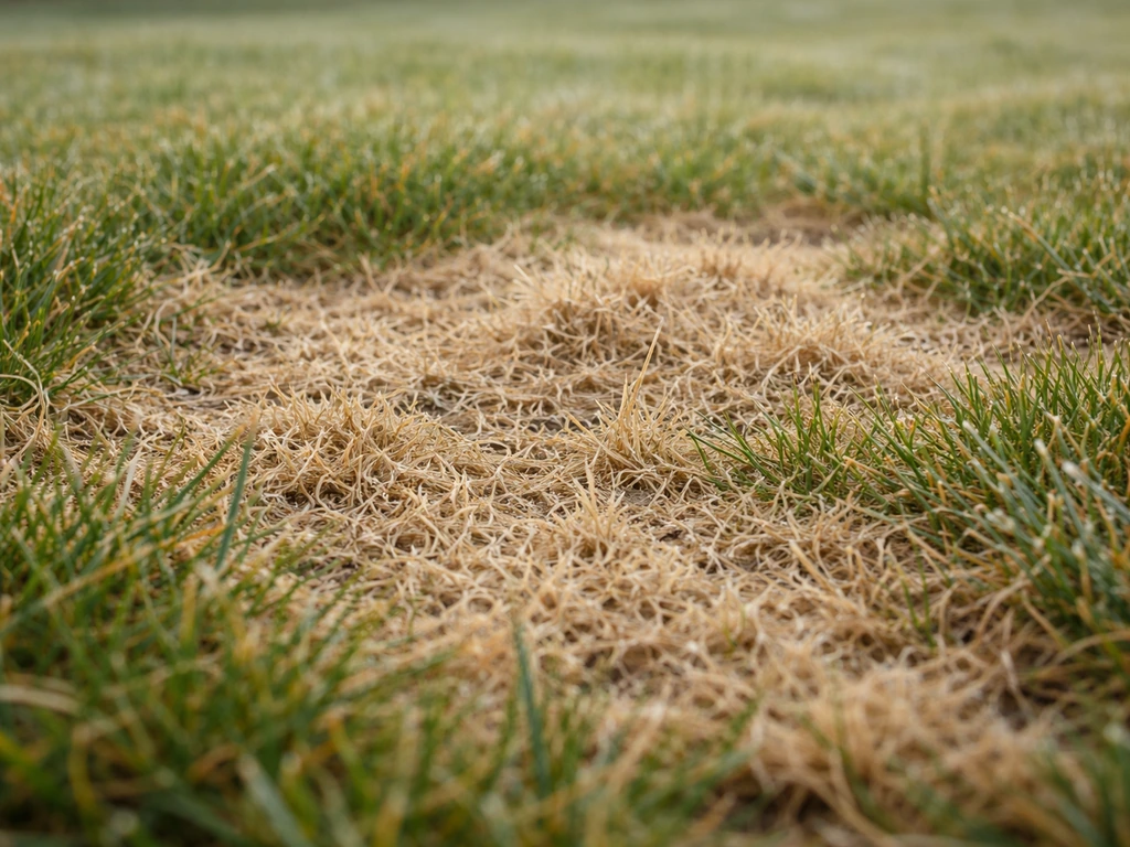 Gros plan sur des brins d’herbe jaunis à brun clair, avec un motif de dégâts du gel sur le gazon.