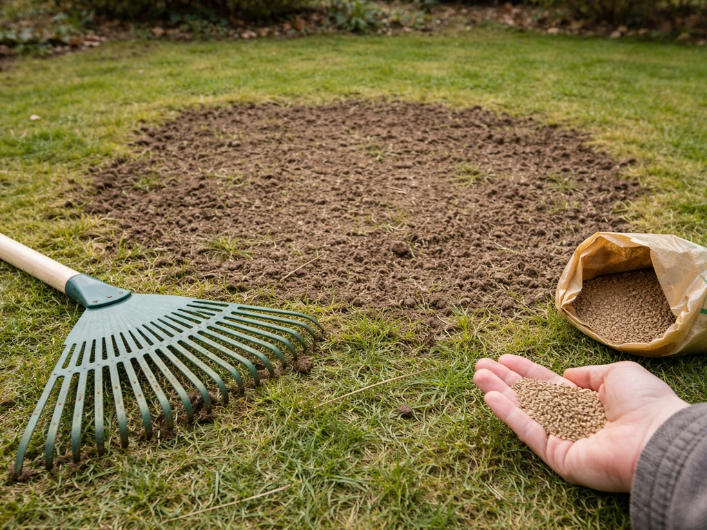 Main et outils au jardin sur un sol nu avant sursemis de printemps, sol partiellement gratté