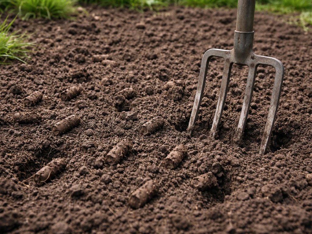 Jardinier qui aère un sol argileux au printemps avec une fourche à bêcher, terre fraîche et motte visible
