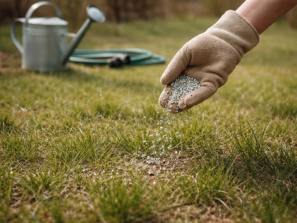 Main gantée épandant des granulés d’engrais de printemps sur un gazon, avec arrosoir et tuyau au sol.
