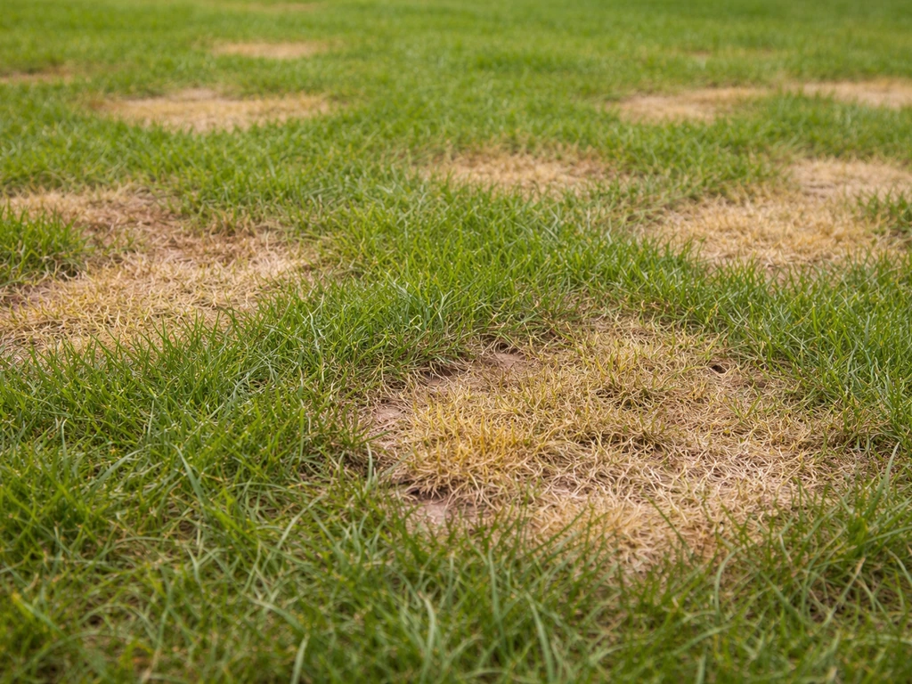 Gazon vu de près avec plaques irrégulières jaunes et brunes, aspect typique de brûlure en plaques