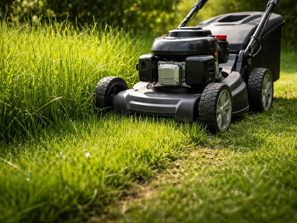 Pelouse tondue haute et une tondeuse à gazon réglée, lame remontée pour protéger le sol
