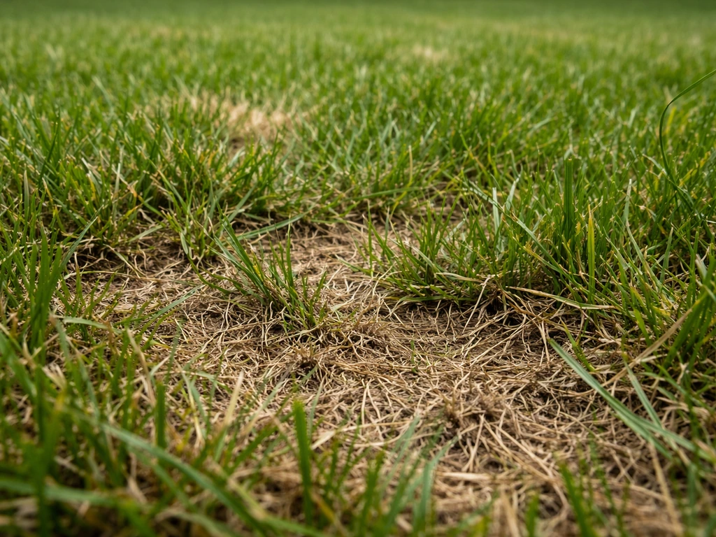 Gros plan d’une pelouse dense avec feutrage brun entre les brins et zones qui s’auto-étouffent.