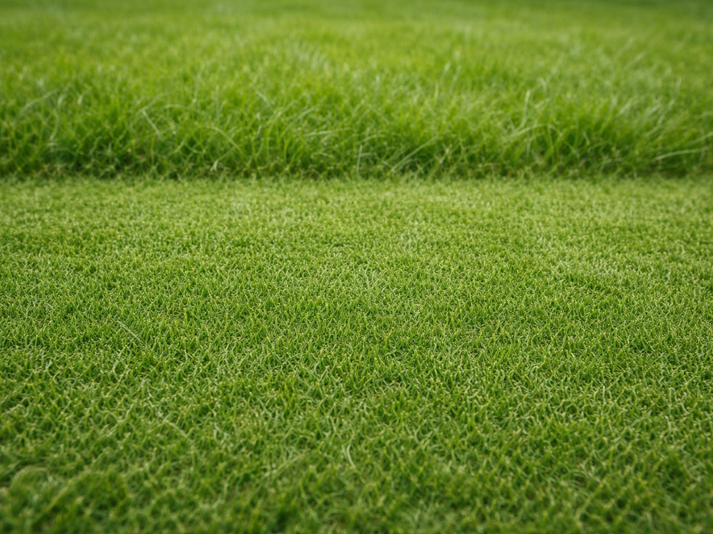 Pelouse tondue trop rase avec brins denses et aspect fibreux, texture visible au premier plan.