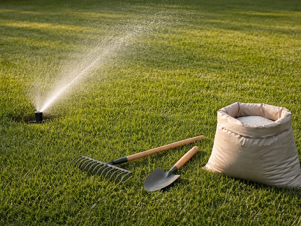 Pelouse verte avec arroseur enterré, outils de jardin et petit sac d’engrais à côté, entretien du gazon