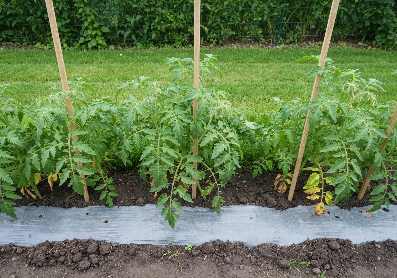 Rang de tomates avec du gazon au pied, sol protégé et allées propres au potager.