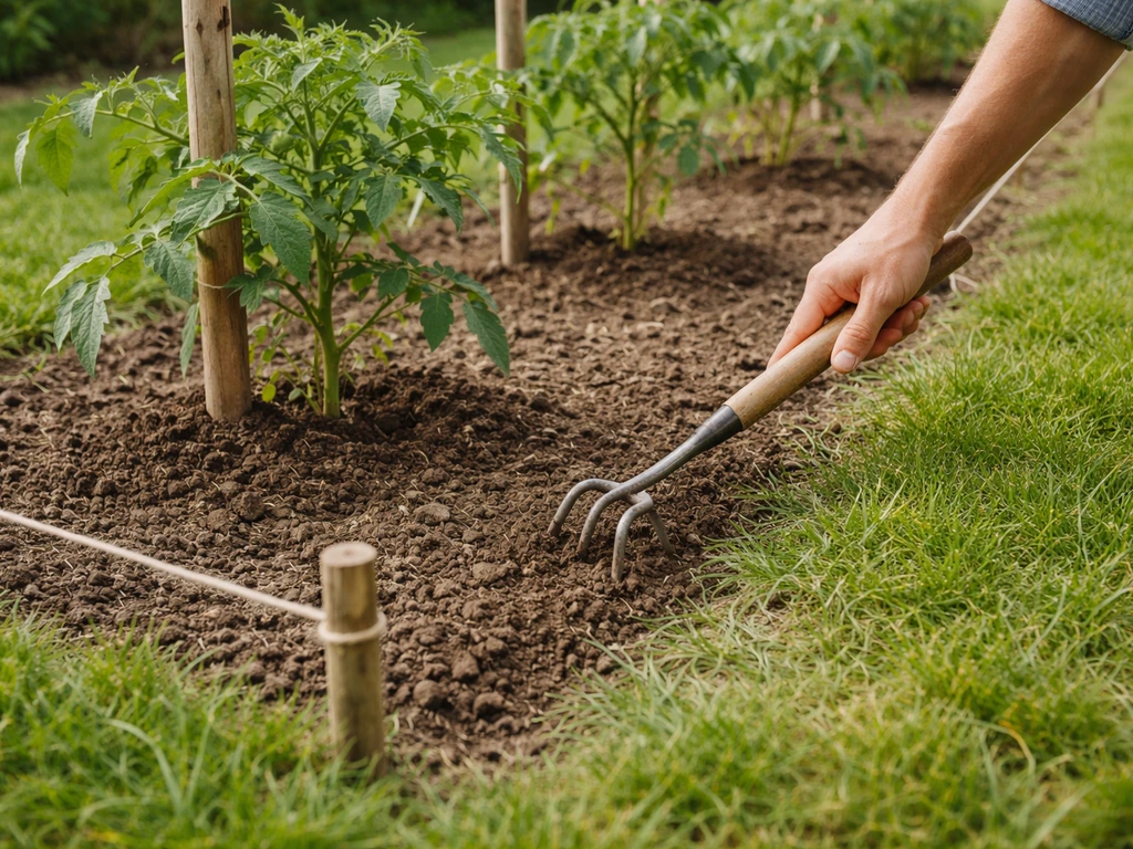 Potager avec cordes au sol, désherbage à la serfouette, couronne de terre nue autour des plants de tomates.