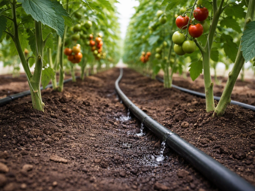 Tomates en serre avec tuyau de goutte-à-goutte au sol, feuilles sèches, arrosage maîtrisé.