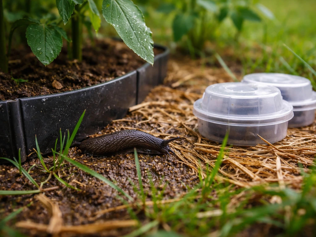 Limace sombre au pied de tomates, sol humide avec herbe, paillage et barrière discrète contre les limaces.