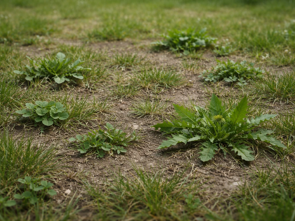 Gazon clairsemé avec plusieurs mauvaises herbes, sol visible après un entretien insuffisant.