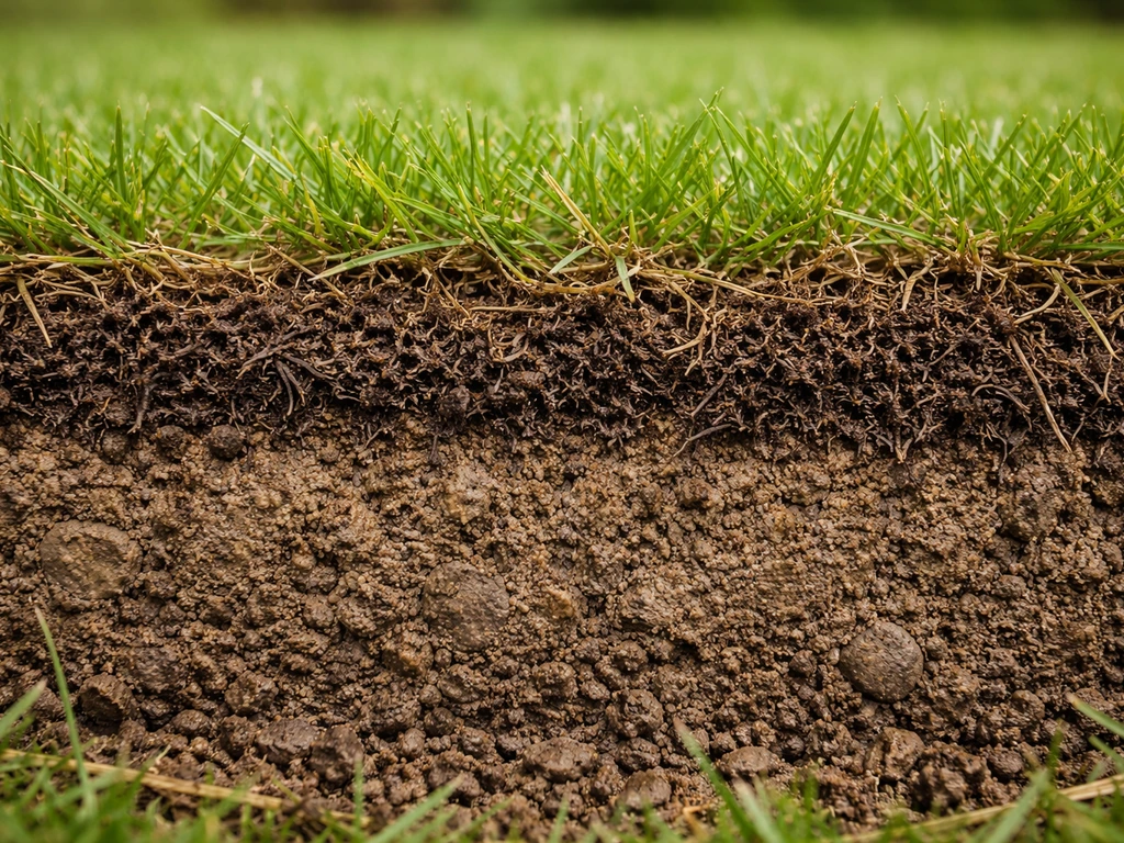 Coupe de gazon avec couche de feutrage épaisse, sol compacté empêchant eau et air d’atteindre les racines