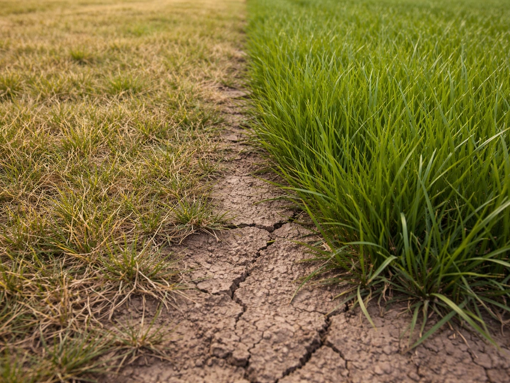 Pelouse contrastée : ray-grass plus jaunie à gauche, fétuque élevée plus verte près d’un sol sec et fissuré.