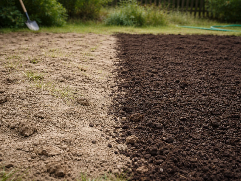 Comparaison au sol : deux bandes, terre sableuse sèche et zone plus sombre avec compost avant semis