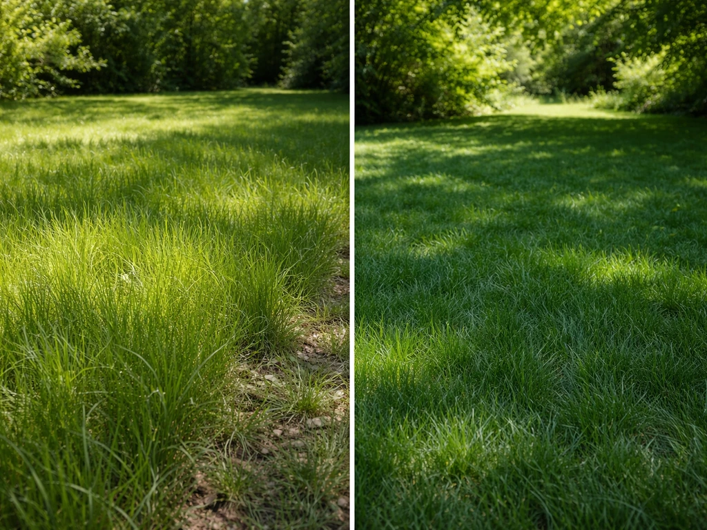 Pelouse de fétuque en plein soleil puis sous arbres, montrant la différence de verdure et de densité.