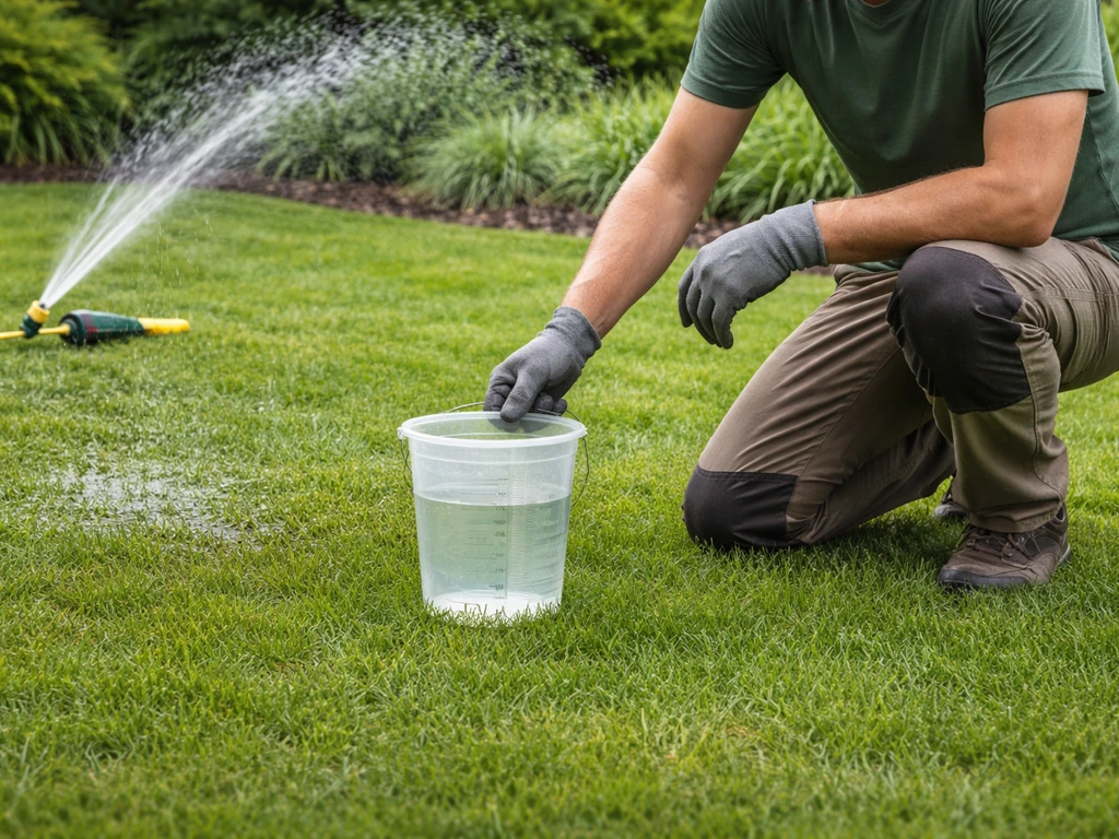 Jardinier anonyme mesurant la pluie avec une jauge près d’un arroseur, arrosage profond et rare