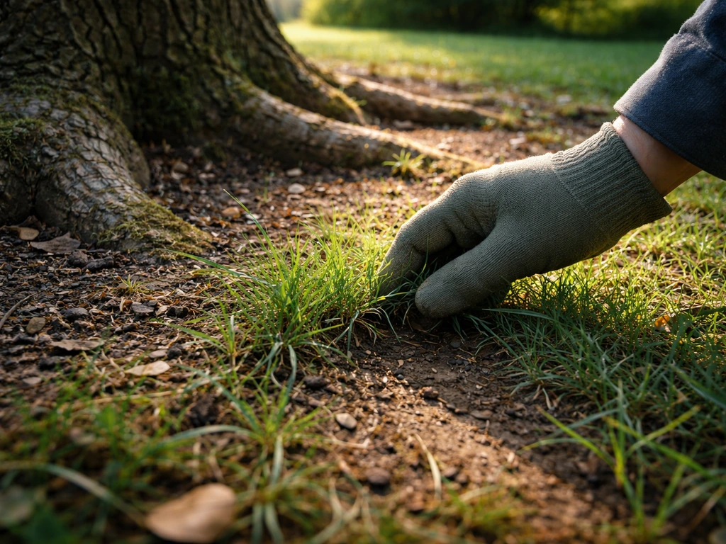 Vue au sol au pied d’un arbre avec de la végétation, lumière du matin indiquant l’ombre pour choisir le bon gazon