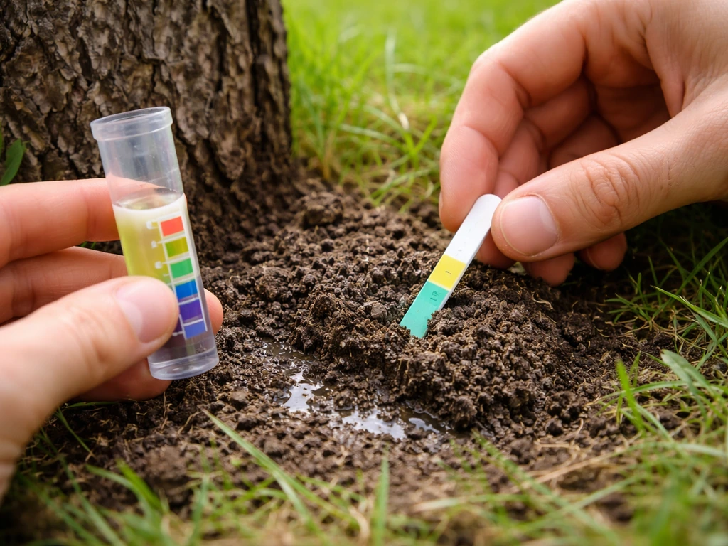 Mains anonymes testant le pH du sol avec un kit au pied d’un arbre, avec bandelette et terre.