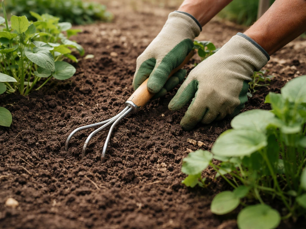 Jardinier anonyme travaillant la terre au griffon, racines protégées, vue rapprochée sur les premiers centimètres.