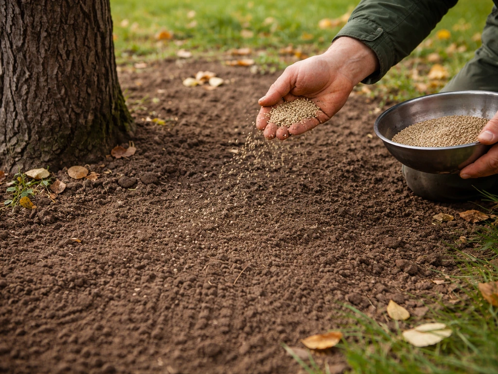 Mains épandant des graines en pluie régulière au pied d’arbres sur un sol griffé fin, automne.