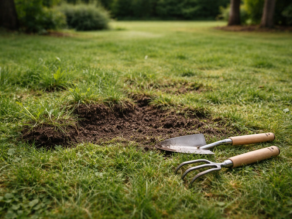 Coin de pelouse envahi de mauvaises herbes, sol dégagé et outils au premier plan.
