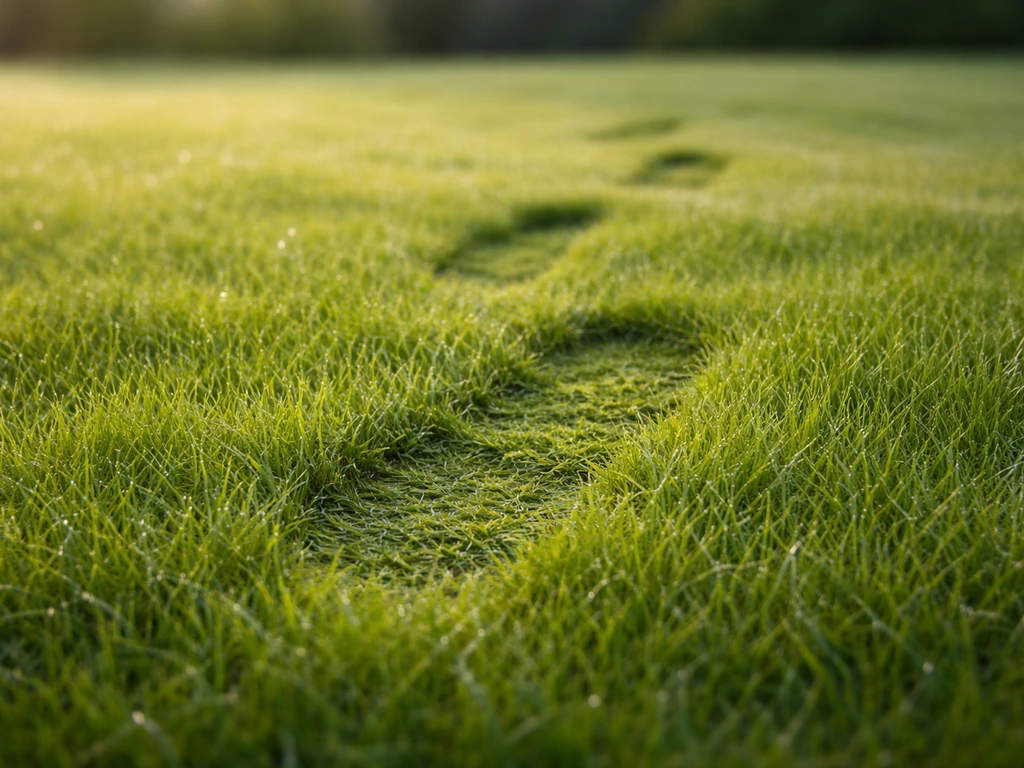 Empreinte dans une pelouse sèche, l’herbe se redresse lentement sous un éclairage du matin.