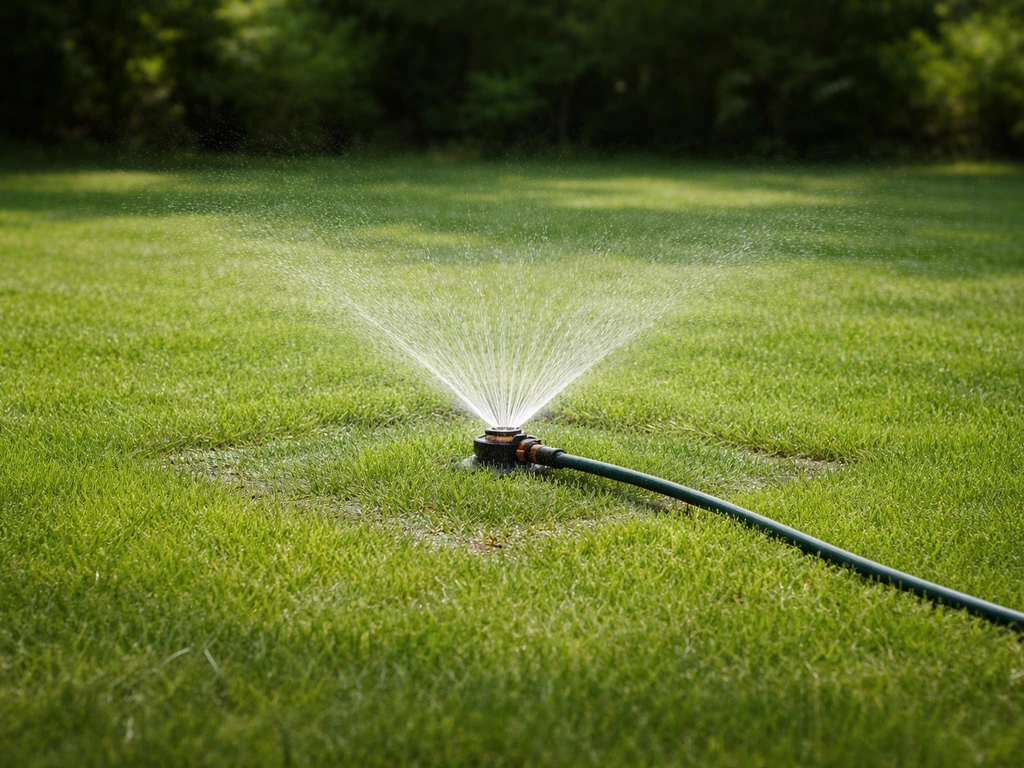 Arroseur de jardin réglé sur une pelouse, jet en pluie fine et gazon légèrement humide.