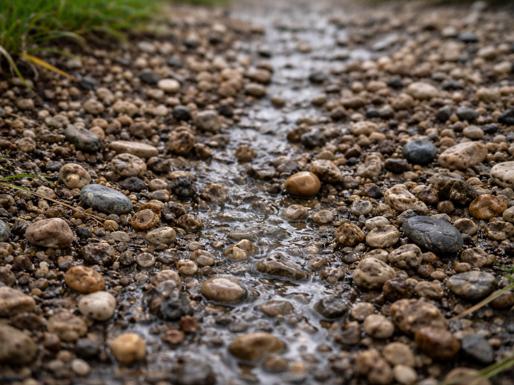 Gros plan sur un sol caillouteux où l’eau perle et ruisselle entre les pierres, illustrant l’infiltration difficile.