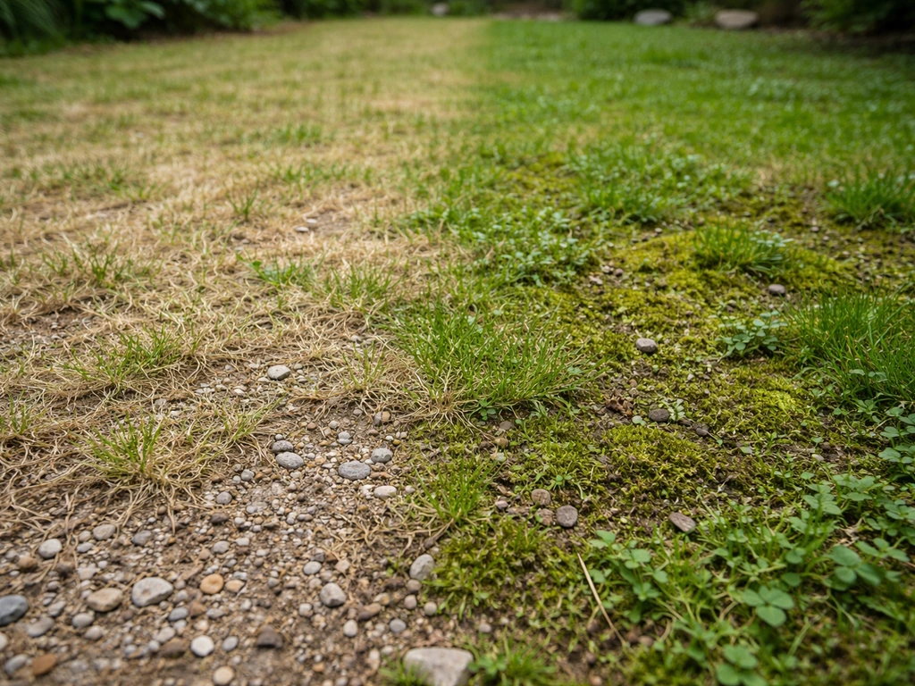 Pelouse sur sol caillouteux : zones jaunes et éclaircies à côté d’une zone plus verte avec mousse