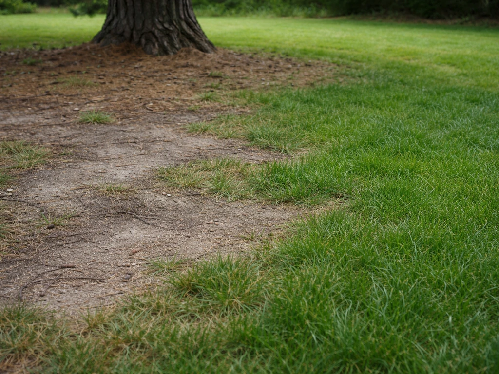 Pelouse sous un pin : plaques de sol nu/grisâtre et zones encore vertes et denses
