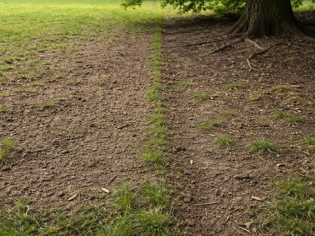 Pelouse divisée en deux zones : une zone à sursemer, une zone ombragée plus contrainte avec sol nu visible.