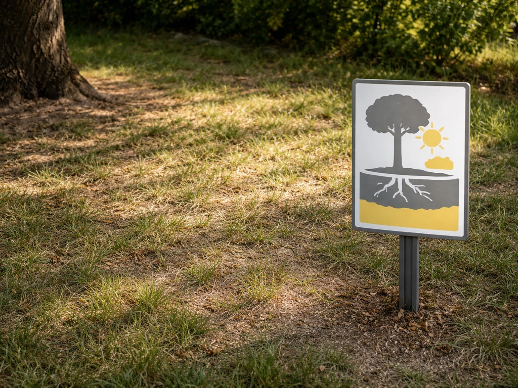Pelouse clairsemée et jaunie sous un arbre, avec un panneau de diagnostic express indiquant la cause probable.