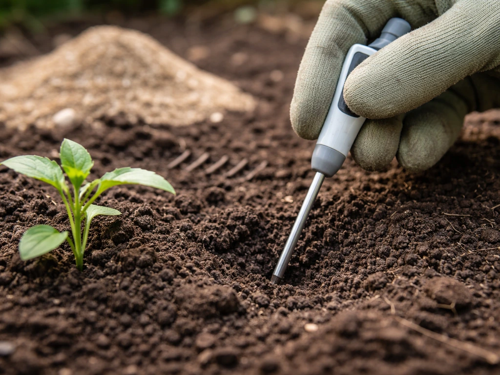 Main dans la terre utilisant un kit de test de pH, puis amendement et griffage du sol pour préparer le semis