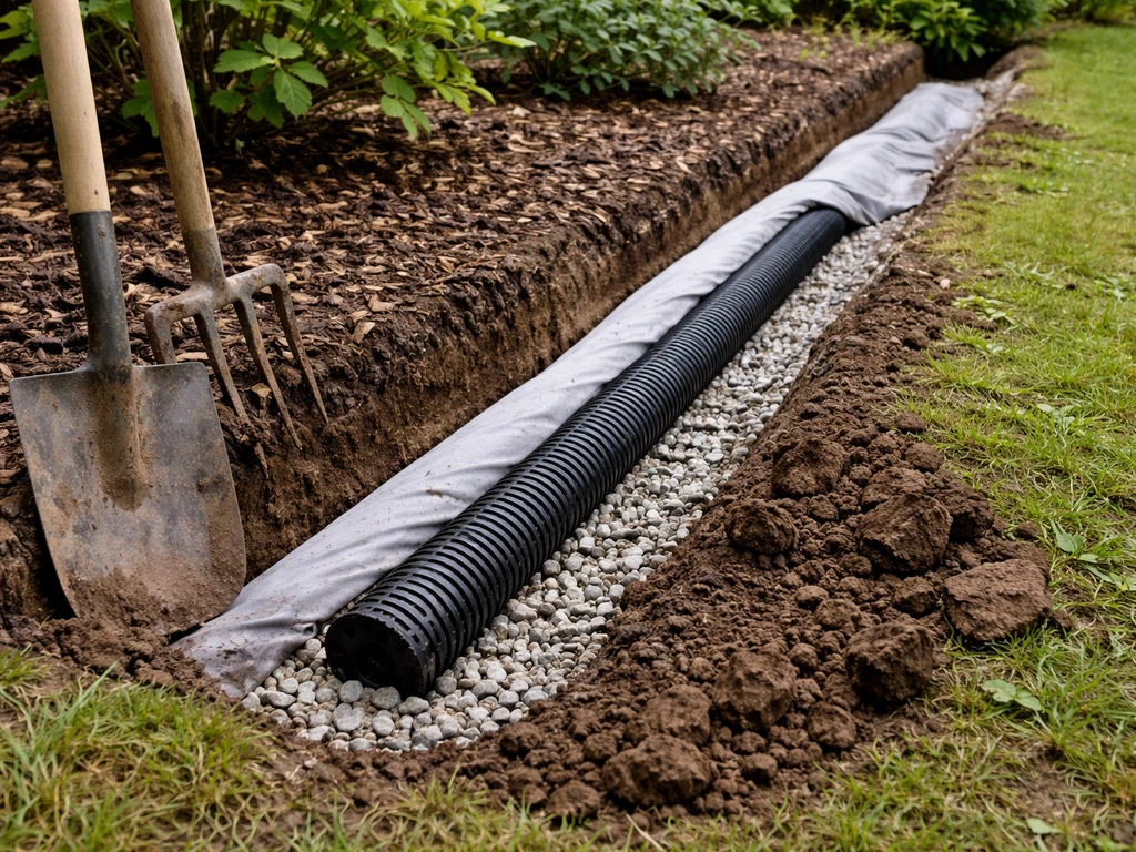 Jardin ombragé : bordure de terre fraîchement creusée avec un drain français, avant l’ajout de sable.