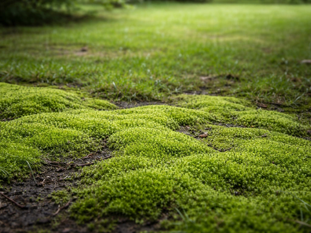 Tapis de mousse verte dans une pelouse ombragée, sol sombre et zones clairsemées en arrière-plan.
