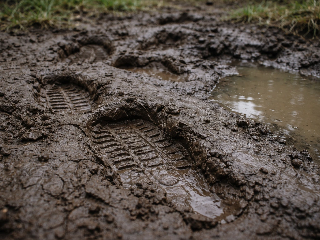 Sol argileux humide et collant, traces de pas dans une terre compacte près d’un jardin, évoquant un mauvais drainage du