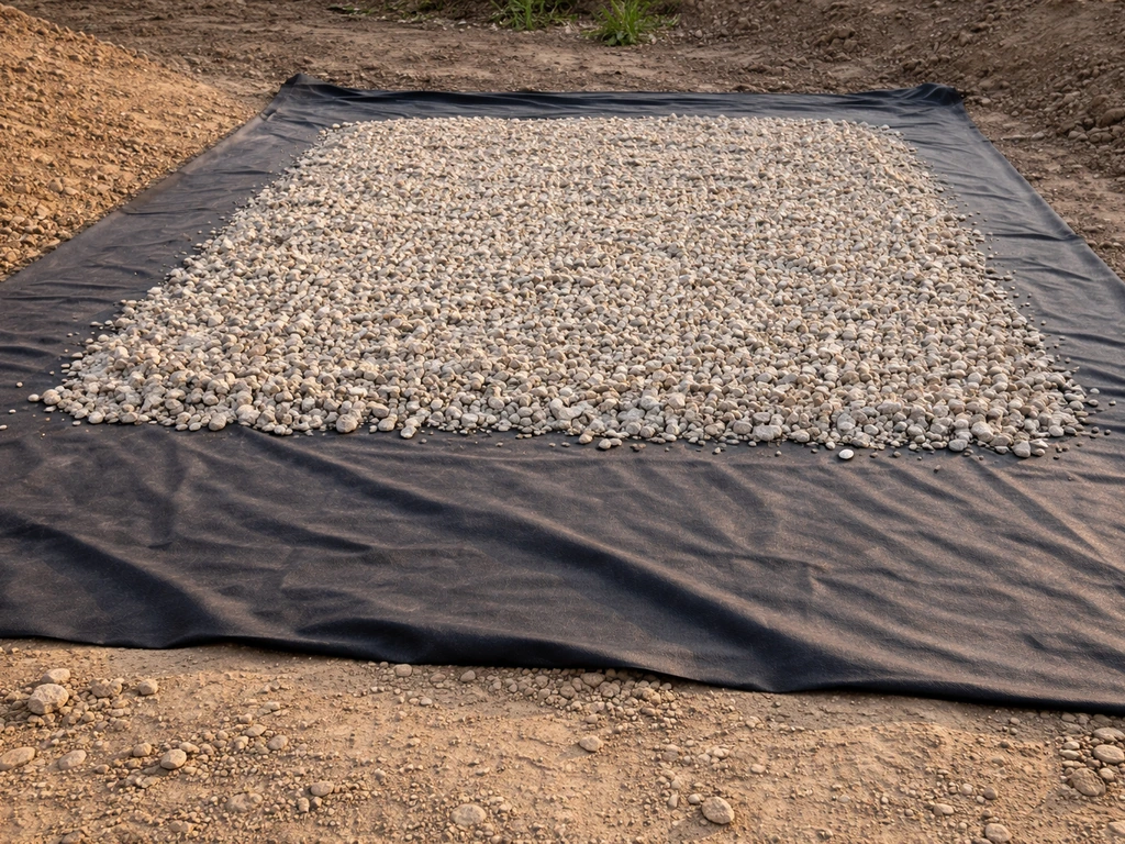 Pose d’un géotextile tendu au sol avec du gravier concassé réparti pour un futur aménagement extérieur.