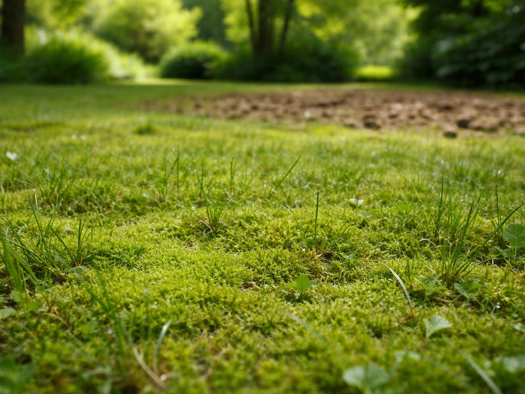 Gazon sous arbres avec mousse abondante, sol légèrement travaillé à l’arrière-plan pour le renouvellement
