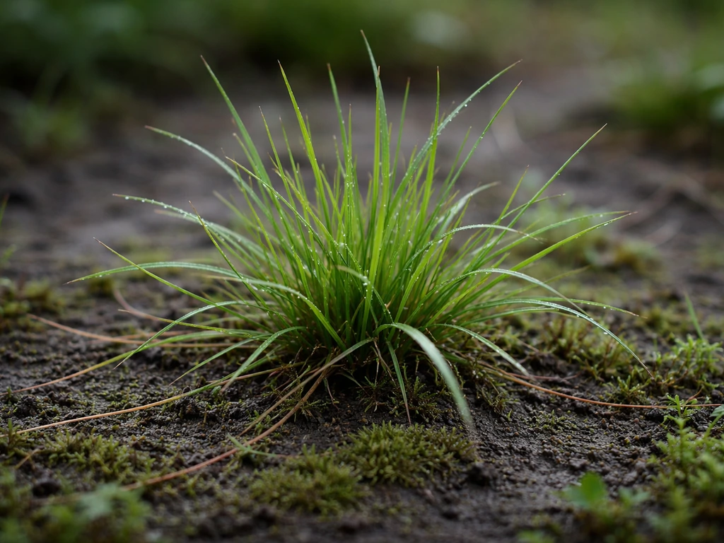 Touffe d’agrostide stolonifère dans un sol humide, stolons et brins visibles, avec mousse et rosée.