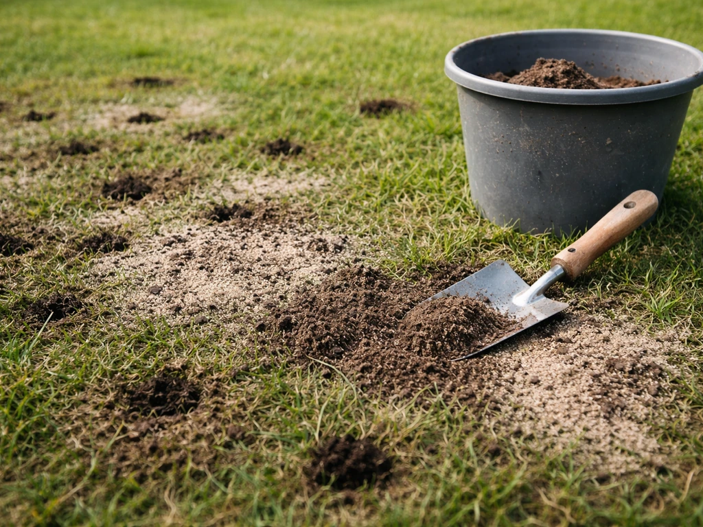 Jardinier appliquant un mélange terreau et sable sur des trous après aération, sol en cours d’amélioration