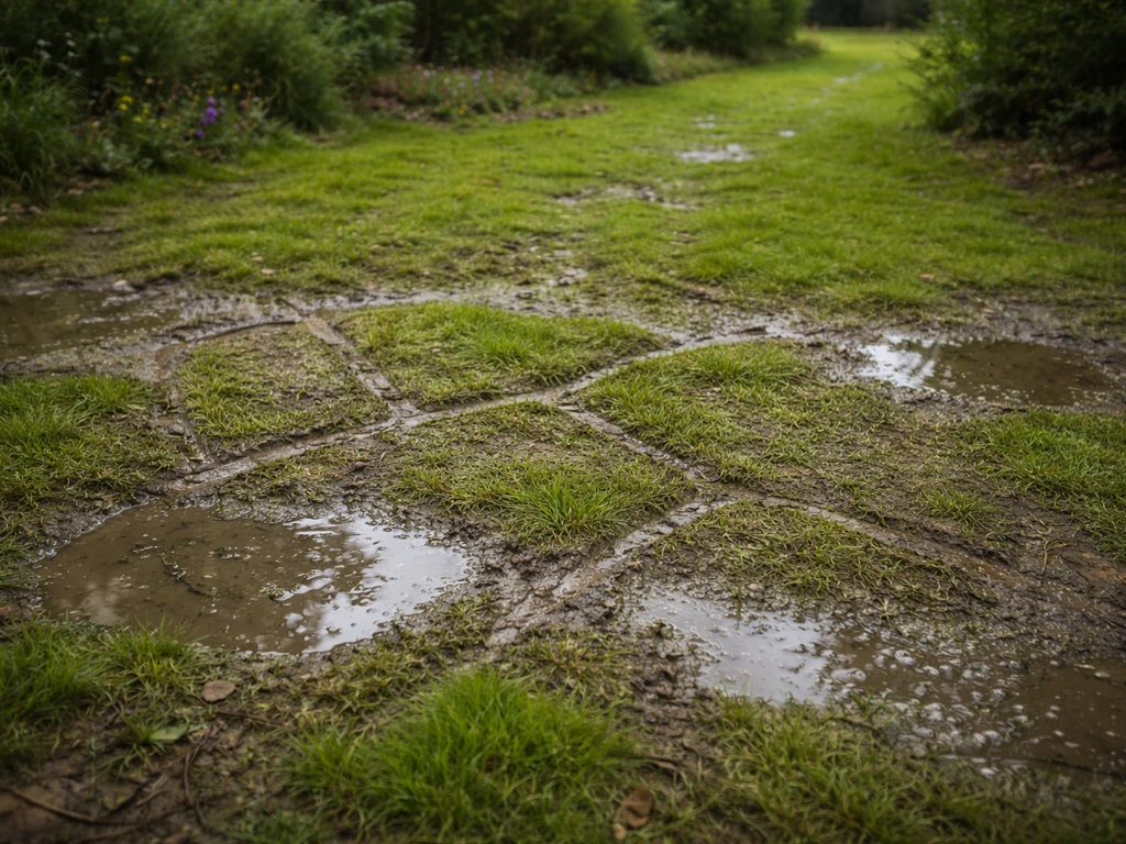Pelouse détrempée avec flaques, herbe aplatie et zones molles après pluie, sans texte ni personnes.