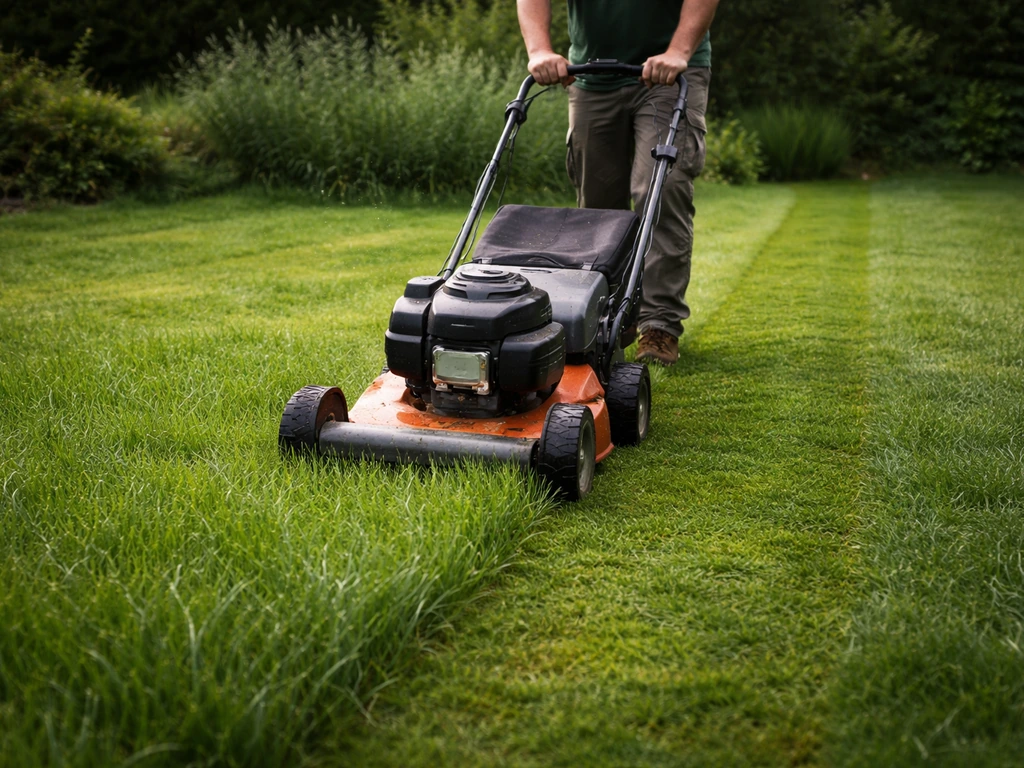 Tondeuse laissant une pelouse humide bien couverte, hauteur de coupe autour de 5 cm, en action