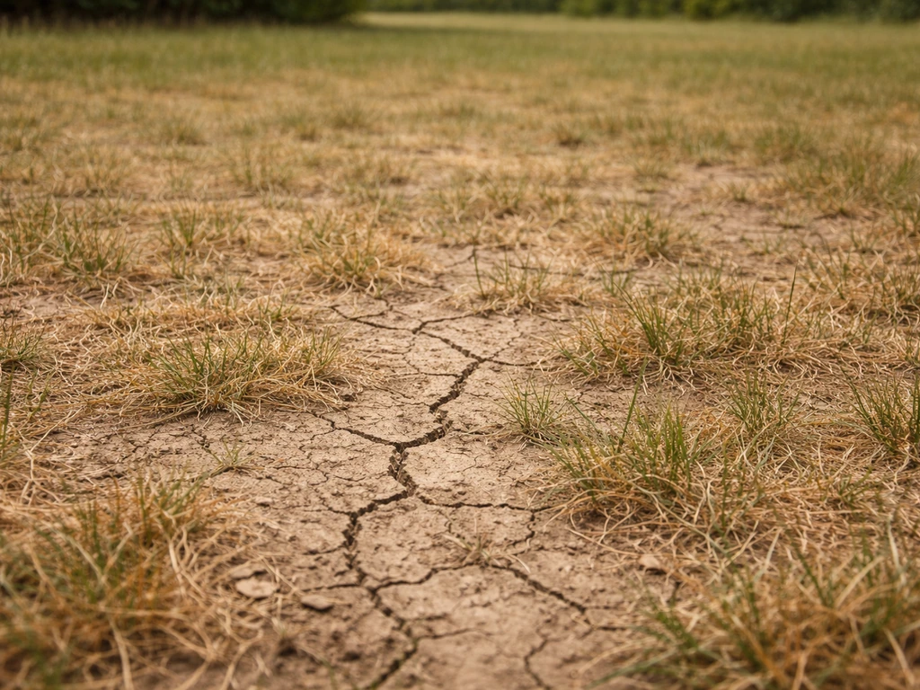 Pelouse jaunie et clairsemée sur sol craquelé, avec traces visibles de stress hydrique.